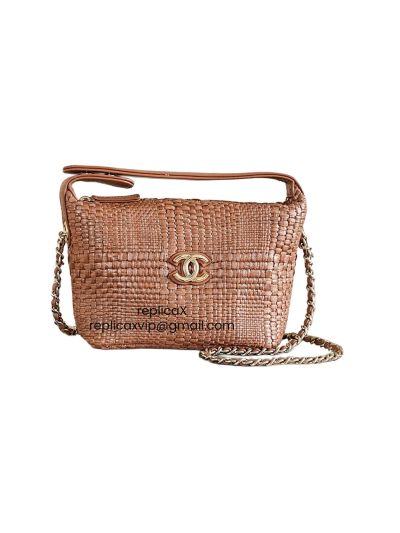 Chanel Mini Classic Clutch Chain Shoulder Bag Brown Braided Raffia AP4747