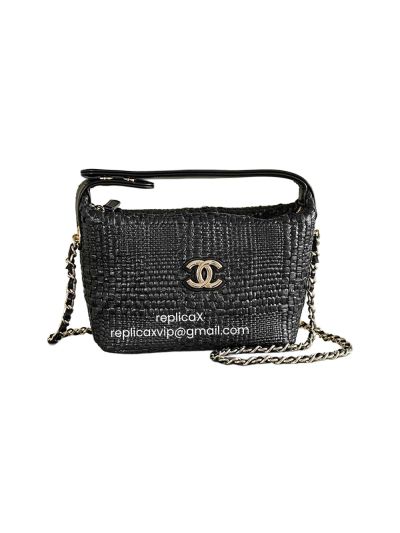 Chanel Mini Classic Clutch Chain Shoulder Bag Black Braided Raffia AP4747