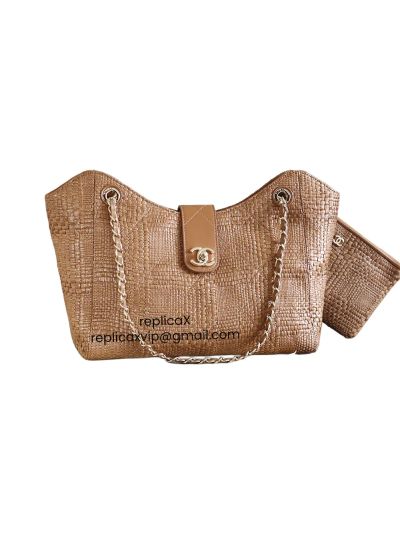 Chanel Large Shopping Shoulder Bag Brown Braided Raffia AS6070