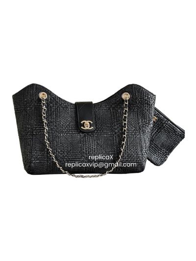 Chanel Large Shopping Shoulder Bag Black Braided Raffia AS6070