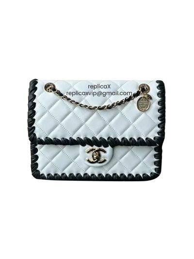 Chanel Lambskin Calfskin Braided Small My Own Frame Flap Shoulder Bag White Black AS2496