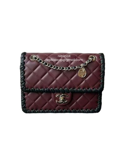 Chanel Lambskin Calfskin Braided Small My Own Frame Flap Shoulder Bag Dark Burgundy Black AS2496
