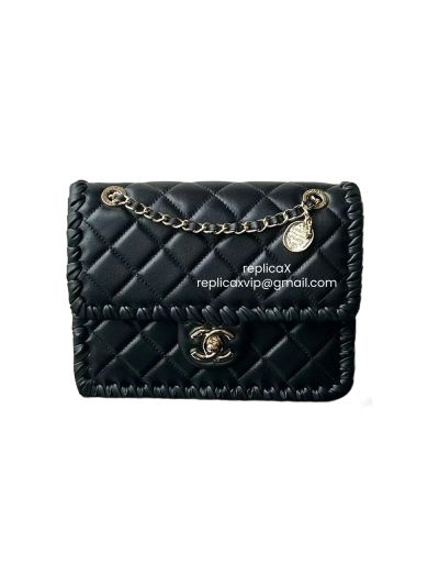 Chanel Lambskin Calfskin Braided Small My Own Frame Flap Shoulder Bag Black AS2496
