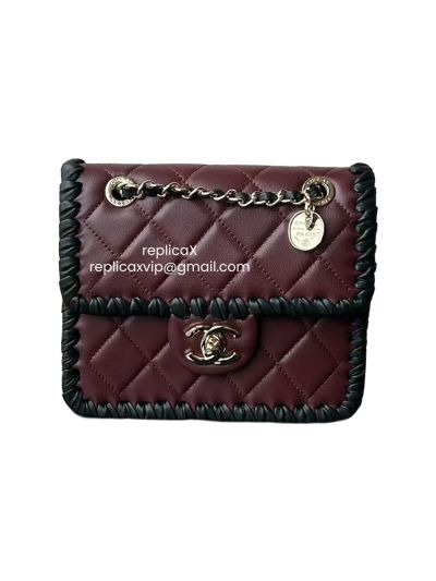 Chanel Lambskin Calfskin Braided Mini My Own Frame Flap Shoulder Bag Burgundy Black AS2495