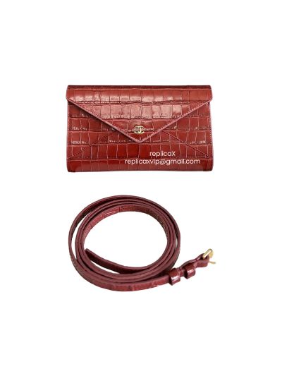 Chanel Calfskin Crocodile Embossed Croc IIIusion Clutch Bag with Chain Red A96195