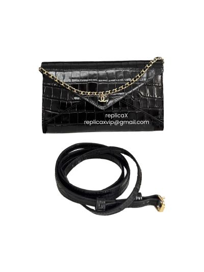 Chanel Calfskin Crocodile Embossed Croc IIIusion Clutch Bag with Chain Black A96195