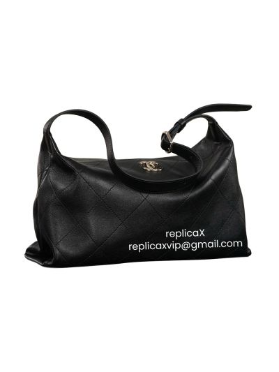 Chanel Vip Maxi Large Hobo Shoulder Bag Black Shiny Lambskin Leather A2624