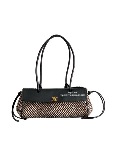 Chanel Small Urban Essential East West Shopping Tote Bag Black Calfskin and Multi Tweed 