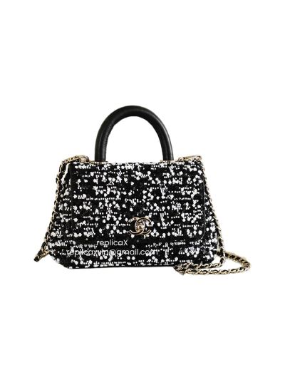 Chanel Mini Coco Top Handle Flap Shoulder Bag Black White Pearly White Sequins Lambskin AS2215