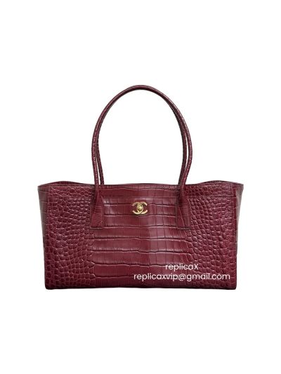 Chanel Small Cerf Shopping Tote Top Handle Bag Burgundy Croc Embossed Calfskin Leather