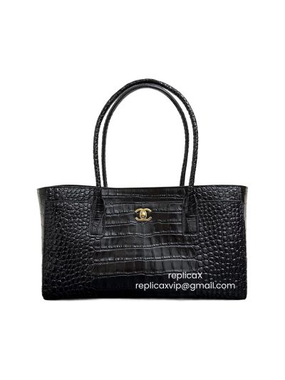 Chanel Small Cerf Shopping Tote Top Handle Bag Black Croc Embossed Calfskin Leather