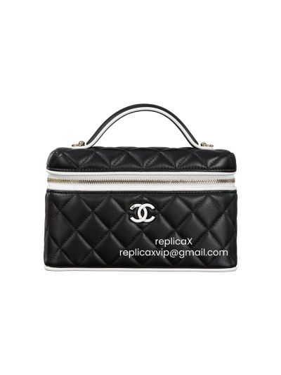 Chanel Vip Vanity Case Top Handle Shoulder Bag Black White Lambskin Leather A2639