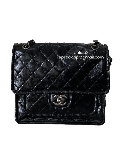 Chanel Whipstitch Paris Edinburgh Square Flap Shoulder Bag Black Quilted Aged Calfskin A225