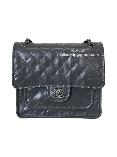 Chanel Whipstitch Paris Edinburgh Square Flap Shoulder Bag Gray Quilted Aged Calfskin A225