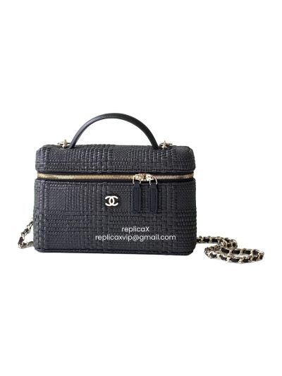 Chanel Classic Chain Vanity Case with Top Handle Black Braided Raffia AP4385