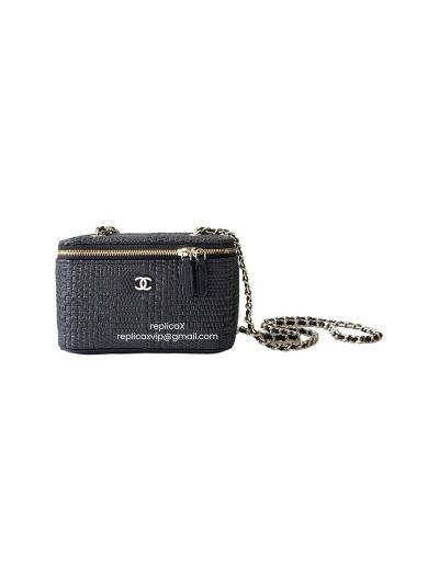 Chanel Classic Chain Long Vanity Case Bag Black Braided Raffia AP1341