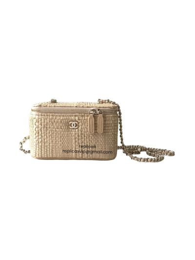 Chanel Classic Chain Long Vanity Case Bag Beige Braided Raffia AP1341