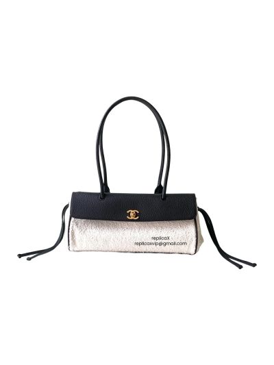 Chanel Small Urban Essential East West Shopping Tote Bag Black Calfskin and White Tweed Boucle AS6288