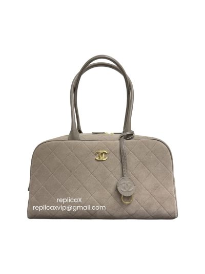 Chanel Maxi Large Perfect Bowling Bag Light Gray Suede Calfskin Leather