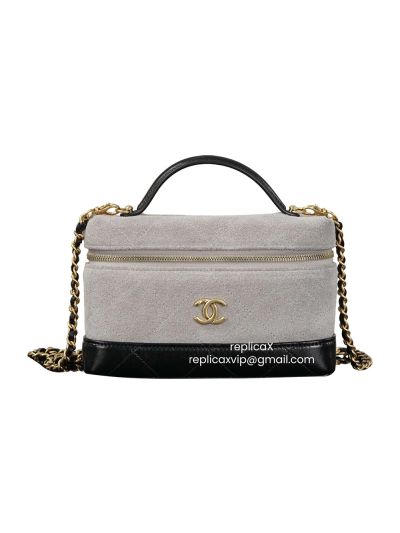 Chanel Vip Chain Vanity Case with Top Handle Shoulder Crossbody Bag Gray Suede Calfskin Leather A2616