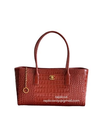 Chanel Large Shopping Tote Bag Red Crocodile Embossed Calfskin Leather AS6243