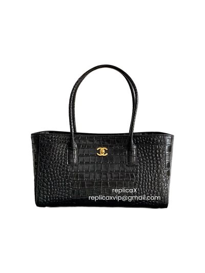 Chanel Large Shopping Tote Bag Black Crocodile Embossed Calfskin Leather AS6243