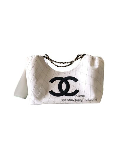 Chanel CC Logo Small Shopping Bag White Quilted Denim Fabric AS6191