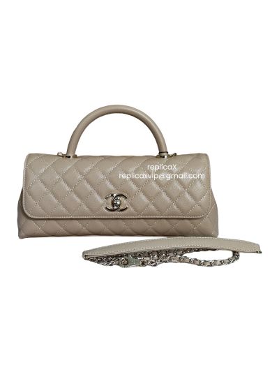 Chanel Coco East West Maxi Flap Bag with Top Handle Beige Quilted Caviar Leather A6091