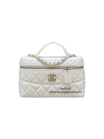 Chanel Vip Long Chain Vanity Case Top Handle Shoulder Bag White Grained Calfskin Leather AP4407