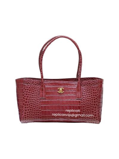 Chanel Vip Large Executive Cerf Shopping Tote Bag Dark Red Crocodile Embossed Leather AS6243