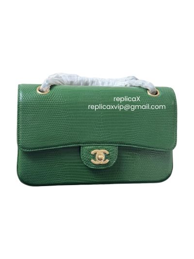 Chanel Vip Medium Flap Shoulder Bag Green Lizard Leather A1112