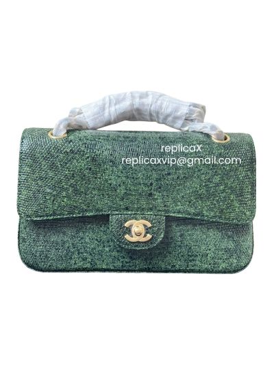 Chanel Vip Medium Flap Shoulder Bag Green Lizard Leather 