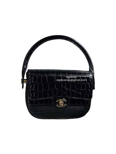 Chanel Mini Top Handle Turn Around Clutch Flap Shoulder Bag Black Croc Embossed Calfskin AS6424