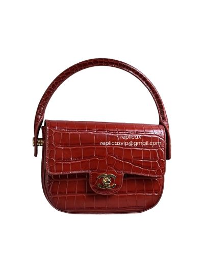 Chanel Mini Top Handle Turn Around Clutch Flap Shoulder Bag Orange Croc Embossed Calfskin AS6424