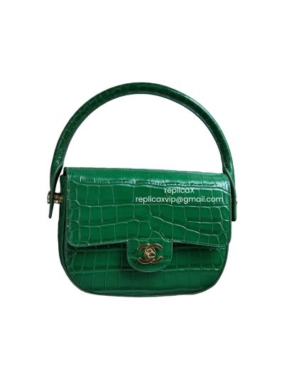 Chanel Mini Top Handle Turn Around Clutch Flap Shoulder Bag Green Croc Embossed Calfskin AS6424