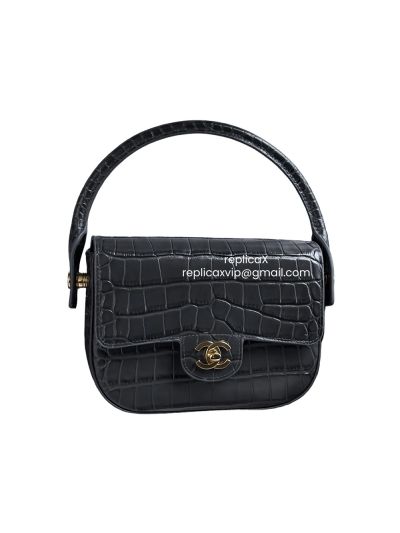 Chanel Mini Top Handle Turn Around Clutch Flap Shoulder Bag Dark Gray Croc Embossed Calfskin AS6424