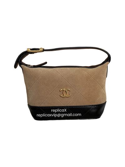 Chanel Mini Coco Base Clutch with Chain Hobo Shoulder Bag Brown Suede and Black Shiny Lambskin Brushed AP5187