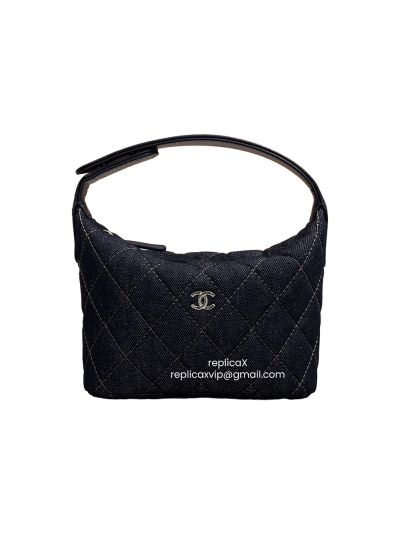 Chanel Mini Hobo Clutch Shoulder Bag Quilted Denim Blue Fabric
