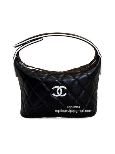Chanel Mini Hobo Clutch Shoulder Bag Black Quilted Lambskin Leather