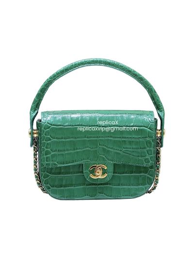 Chanel Vip Mini Top Handle Turn Around Flap Shoulder Bag Green Crocodile Embossed Calfskin AS6424
