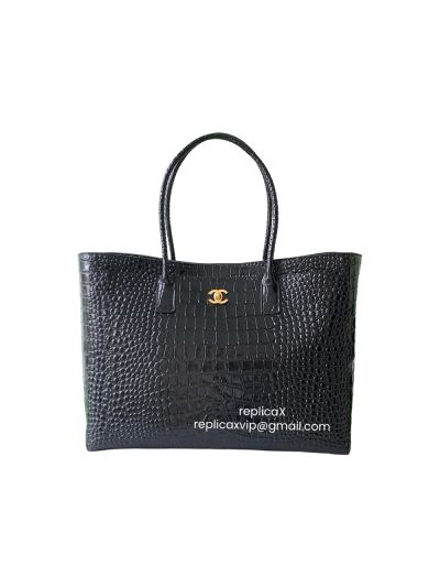 Chanel Large Cerf Shopping Tote Bag Black Crocodile Embossed Calfskin Leather A6239