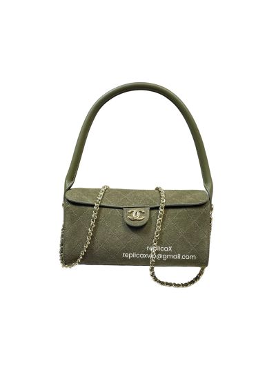 Chanel CC Top Handle Clutch Bag with Chain Green Quilted Suede Calfskin Leather AP5294