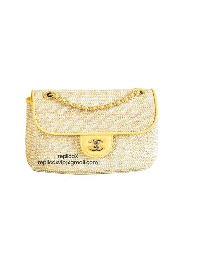 Chanel Small Flap Bag Beige Braided Raffia and Yellow Lambskin AS6017