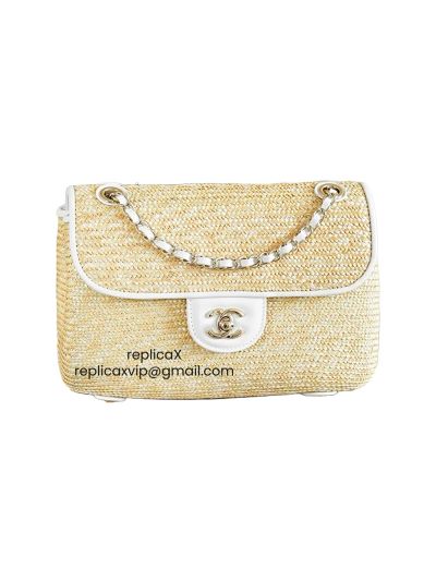 Chanel Small Flap Bag Beige Braided Raffia and White Lambskin AS6017