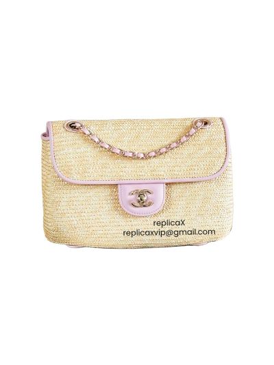 Chanel Small Flap Bag Beige Braided Raffia and Pink Lambskin AS6017
