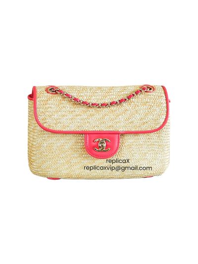Chanel Small Flap Bag Beige Braided Raffia and Light Red Lambskin AS6017