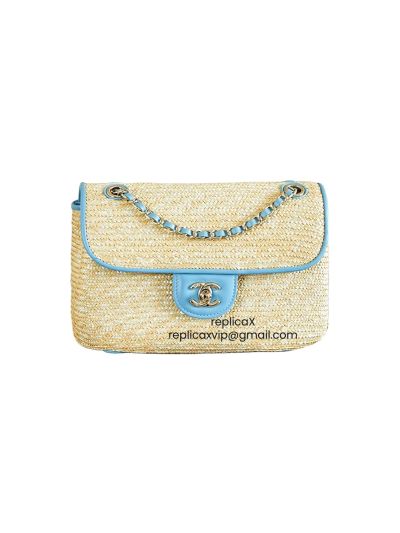 Chanel Small Flap Bag Beige Braided Raffia and Light Blue Lambskin AS6017