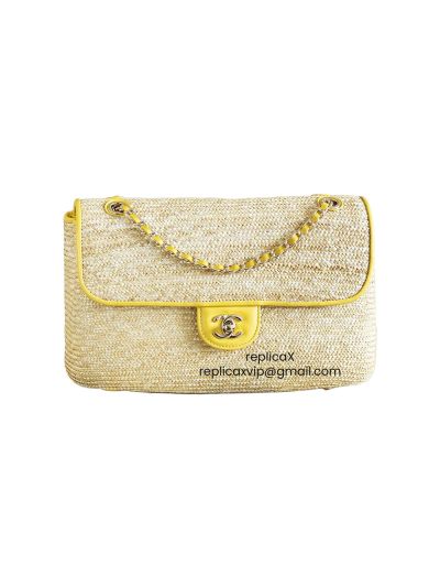 Chanel Medium Flap Bag Beige Braided Raffia and Yellow Lambskin A66992