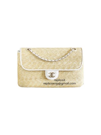 Chanel Medium Flap Bag Beige Braided Raffia and White Lambskin A66992