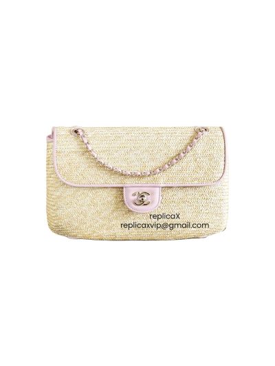 Chanel Medium Flap Bag Beige Braided Raffia and Pink Lambskin A66992